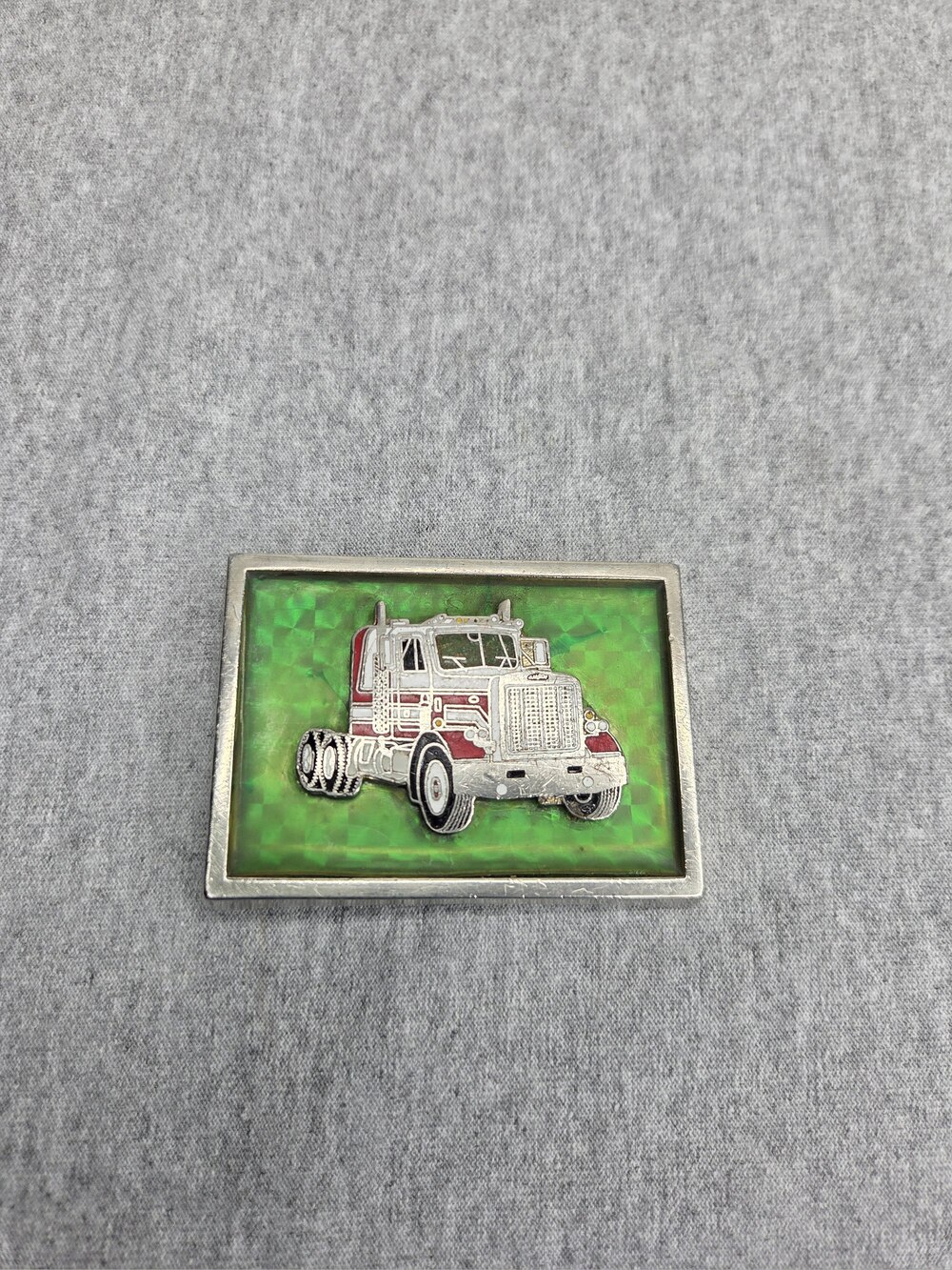 Vintage Semi Truck Belt Buckle Indiana Metal Craft Green Prism Enamel Trucker
